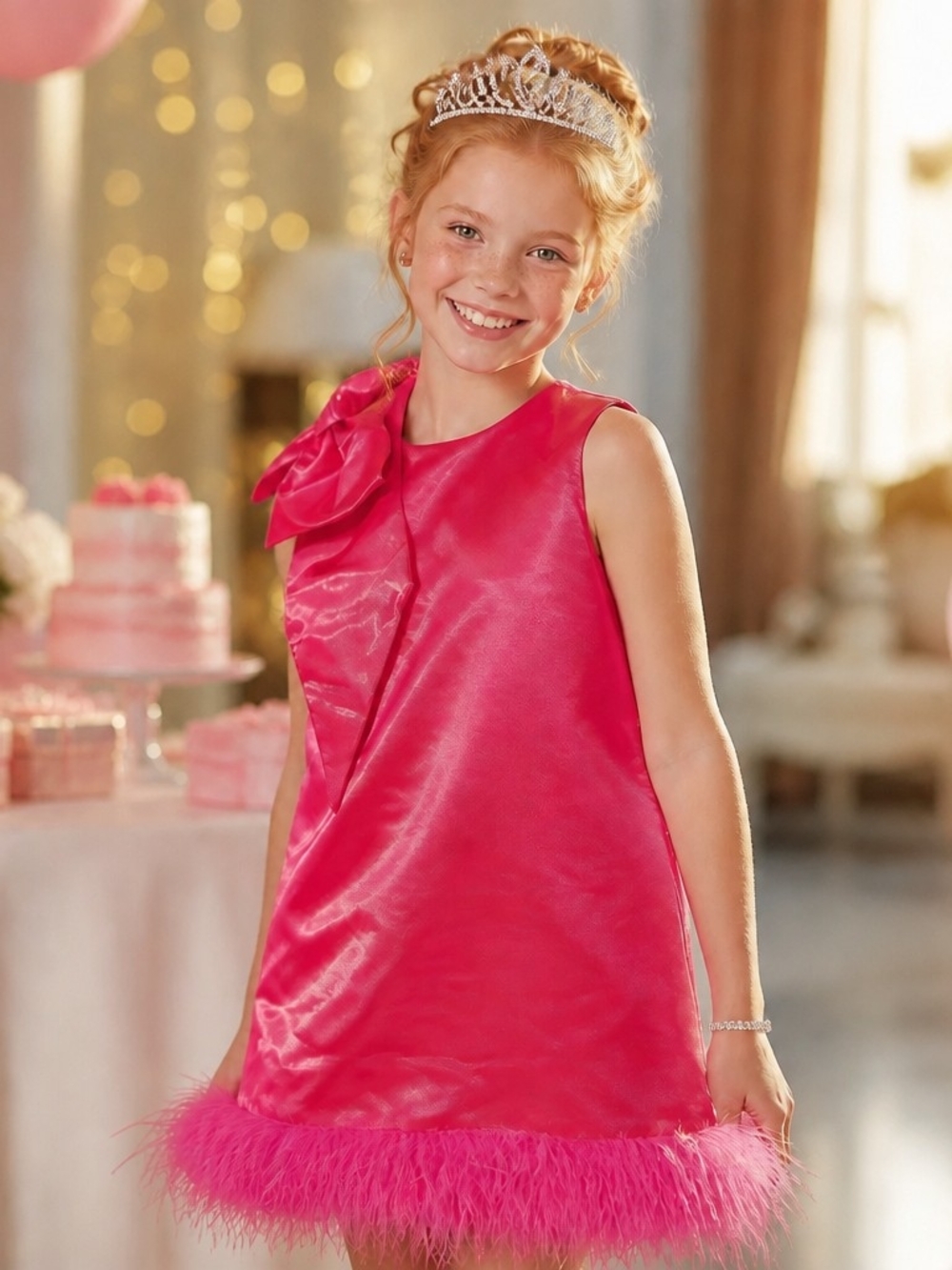 Scully Bright Pink Satin Feather-Trim Party Dress